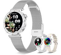 Reloj Inteligente Mujer Redondo(3 Correas) Smartwatch 1,19" AMOLED Responder/Hacer Smart Watch Compatible iPhone Android Monitorear Sueño/SpO2/FC, 120 Modos Deportivos IP68 Resistente Agua, Plateado