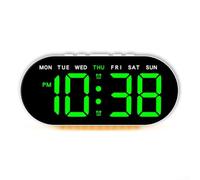 Reloj LED contemporáneo con funciones que incluyen visualización de temperatura y opciones de iluminación (luz verde)