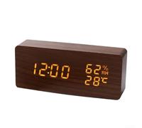 Reloj LED inteligente de madera con control de voz, tiempo, humedad, temperatura, indicador de fecha, brillo ajustable, USB y fuente de alimentación de batería (B)