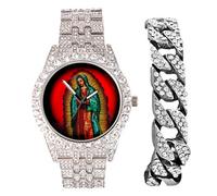 Reloj Mary Mother of God - La Virgen de Guadalupe Blessed Dial - Reloj de metal para hombre con brazalete cubano, estilo hip hop, para hombre