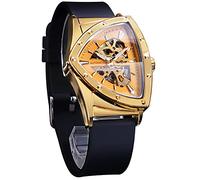 Reloj mecánico automático con escudo de oro triangular, esfera de gran tamaño, diseño de esfera completamente ahuecada, movimiento automático, correa de silicona suave de 20 mm de ancho