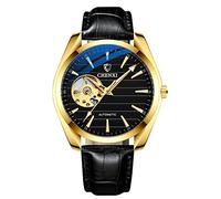 Reloj mecánico automático de Esfera Blanca con números Grandes, Unisex, Acero Inoxidable Dorado, Cuero Negro