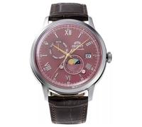 Orient Bambino Sun & Moon - Reloj de Hombre automático y de Carga Manual mecánico clásico Correa de Piel marrón Caja de Acero Inoxidable Esfera analógica roja - RA-AK0807R, Rojo/Vino, Clásico