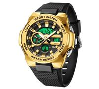 Reloj militar impermeable digital para hombre y hombre, reloj de pulsera para exteriores, con pantalla LED, manecillas analógicas y números digitales, negro y dorado, Correa