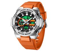 Reloj militar impermeable digital para hombre y hombre, reloj de pulsera para exteriores, con pantalla LED, manecillas analógicas y números digitales, Plata Naranja, Correa