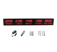 Reloj mundial digital LED montado en la pared con 5 zonas horarias, brillo de 3 niveles, ciudades personalizables para negocios, hotel, aeropuerto