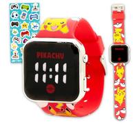 Reloj Pikachu para niños - Paquete con reloj digital LCD Pokemon para niños con correas con calcomanías de Pikachu y Pokeballs Plus | Reloj de pulsera Pokemon fácil de leer para niños