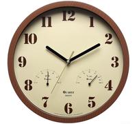 Reloj resistente a la intemperie para exteriores con termómetro analógico e higrómetro, funcionamiento silencioso, adecuado para patio e interior (grano de madera)