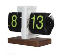 Reloj retro con base de madera, 12 h, marco blanco, números grandes, página verde