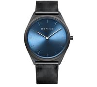 BERING 17039-227 Reloj de cuarzo unisex con caja de acero inoxidable de 39 mm con acabado negro y esfera azul, correa milanesa, cristal de zafiro y resistencia al agua de 3 ATM