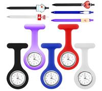 Relojes de enfermera: 5 piezas portátil de cuarzo reloj de enfermera con clip con 5 piezas de lápiz de enfermera patrón enfermera reloj de bolsillo para doctor enfermera enfermera enfermera