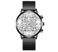 Relojes de Hombre Analógico de Cuarzo Cronógrafo Deportivo Correa de Malla de Acero Inoxidable Fecha Reloj de Pulsera Comercial, Concha Negra Cara Blanca, Pulsera