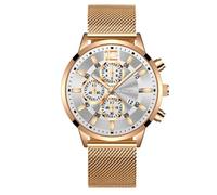 Relojes de Hombre Analógico de Cuarzo Cronógrafo Deportivo Correa de Malla de Acero Inoxidable Fecha Reloj de Pulsera Comercial, Hoja Blanca Concha Oro Rosa, Pulsera