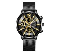 Relojes de Hombre Analógico de Cuarzo Cronógrafo Deportivo Correa de Malla de Acero Inoxidable Fecha Reloj de Pulsera Comercial, Texto negro con cara negra de oro, 24
