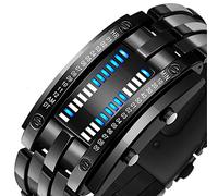 Relojes de Pulsera para Hombres, Creative Mens Binary Matrix Blue LED Reloj Digital Moda Classic Black Plated Impermeable Impermeable Retroiluminación Pulsera Relojes