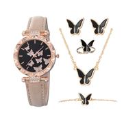 Relojes de pulsera para mujer | Juego de pulseras de 5 piezas Reloj de pulsera de cuero con puño de mariposa, repelente al agua para novia, citas, eventos casuales diarios femeninos, viajes, oficina