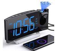Relojes despertadores para dormitorios, reloj despertador digital con proyector giratorio de 180° y radio FM, 0-100% de atenuación, brillo de proyección de 3 niveles, volumen de 3 niveles, repetición,
