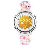 Relojes digitales para niños pequeños, 3D, con dibujos animados, 7 luces de colores, impermeable, deportivo, electrónico, con alarma, cronómetro, para niños de 3 a 10 años, Unicornio blanco, Correa