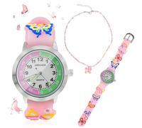 Relojes infantiles para niñas, reloj de mariposa para niños con juego de joyas, relojes de pulsera de dibujos animados rosados, reloj de pulsera para niñas, reloj de pulsera analógico de cuarzo para