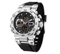 Relojes militares para hombre, reloj digital de cara grande, impermeable, táctico, deportivo, con tres zonas horarias, LED, luminoso, alarma, cronómetro, TPU/negro plateado