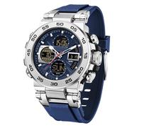Relojes militares para hombre, reloj digital de cara grande, impermeable, táctico, deportivo, con tres zonas horarias, LED, luminoso, alarma, cronómetro, TPU/azul plateado