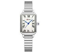 Relojes para mujer con caja rectangular vintage, esfera romana blanca, correa de acero inoxidable, reloj de pulsera cuadrado simple de cuarzo para mujer, Cinturón de bambú/plateado, Clásico