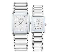 Relojes vintage para parejas para hombres y mujeres, reloj de cuarzo cuadrado de cerámica para él y para ella, par de relojes de diamantes impermeables, Blanco, Lujo