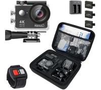 REMALI CaptureCam 4K Ultra HD y kit de cámara de acción deportiva impermeable de 12 MP con funda de transporte, 3 baterías, cargador de batería doble, pantalla LCD de 2 pulgadas, WiFi, control remoto