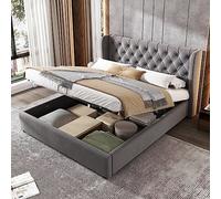 Rembourré en forma de oreille, terciopelo, doble, 140 x 190, fonctionnel hydraulique Avec sommier à Lattes et Espace de Rangement, Gris