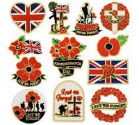 Remembrance Day - Parches bordados de amapola, apliques militares para planchar, diseño de la bandera británica, Lest We Forget, paquete de 12