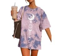 Remidoo Camiseta casual de manga corta con cuello redondo para mujer, estampado de sol y luna, teñido anudado, gráfico de gran tamaño, Luna rosa y azul, XL
