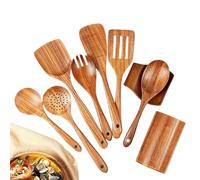 Remingtape Juego de 9 cucharas de madera natural para cocinar, utensilios de cocina con soporte para utensilios, juego de utensilios de cocina de madera de teca