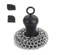 Remingtape Rascador de cadena de hierro fundido + raspador de sartenes, limpiador de sartenes de acero inoxidable, herramienta raspadora para sartenes de hierro fundido, lavable, color negro