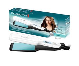 Remington Plancha de Pelo Shine Therapy, Aceite de Argán, Placas Flotantes Anchas, Resultados Profesionales, Cerámica Avanzada, Temperatura hasta 235°C, Digital, Blanco, 110 x 50 mm, S8550