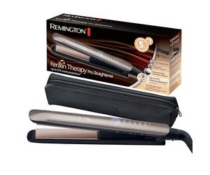 Remington Plancha Pelo pantalla digital, 160-230 °C, sensor protección contra el calor para reducir el daño capilar Keratin Therapy revestimiento cerámica con queratina y aceite de almendra S8593