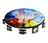 Remo World Percussion Pandereta de Alabanza 10" Doble fila - Motivo: manos que sostienen, Marco Acousticon, Blanco, 8 pares de jingles, Afinación fija, Ligero - TA-9210-00-21