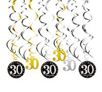 Remolinos de Decoraciones de Fiesta 30 Cumpleaños, Remolinos Colgantes de Papel Aluminio de Techo Espirale, Plata Dorado Negro Mujer Hombre Suministros de 30 Años Cumpleaños, 18 Piezas (30)