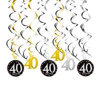 Remolinos de Decoraciones de Fiesta 40 Cumpleaños, Remolinos Colgantes de Papel Aluminio de Techo Espirale, Plata Dorado Negro Mujer Hombre Suministros de 40 Años Cumpleaños, 18 Piezas (40)