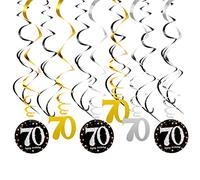 Remolinos de Decoraciones de Fiesta 70 Cumpleaños, Remolinos Colgantes de Papel Aluminio de Techo Espirale, Plata Dorado Negro Mujer Hombre Suministros de 70 Años Cumpleaños, 18 Piezas (70)