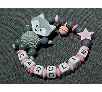 Remolque para cochecito/cadena para cochecito o anillo de agarre con nombre para niñas y niños regalo para nacimiento - Varios modelos Sonajero con forma de zorro y estrella, color rosa y gris