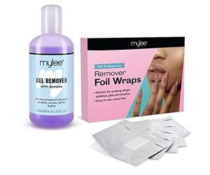 Removedor de esmalte de uñas Mylee Gel 250ml + 100pcs envolturas de aluminio - Acetona 100% pura con toallitas de algodón sin pelusa Envolturas de papel de aluminio