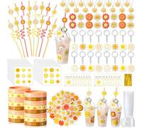 Remuuly 130 piezas Boho First Trip Around the Sun Party Favors include Gift Cup Sun Straw Sun Pendant Sticker Acrylic Keychain Silicone Bracelet Tattoo Sticker Tag for Hippie Sun Party Baby Shower