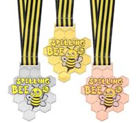Remuuly 3 medallas de concurso de abeja de ortografía con cinta para el cuello, oro, plata, bronce, concurso, concurso, suministros de fiesta, 3 unidades