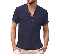 Remxi Camisa de lino para hombre, de verano, sencilla, de algodón, con botones, manga corta, azul marino, XXL