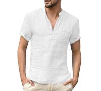 Remxi Camisa de lino para hombre, de verano, sencilla, de algodón, con botones, manga corta, blanco, M