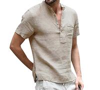 Remxi Camisa de lino para hombre, de verano, sencilla, de algodón, con botones, manga corta, caqui, L