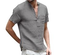 Remxi Camisa de lino para hombre, de verano, sencilla, de algodón, con botones, manga corta, gris, XL