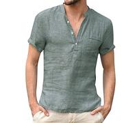 Remxi Camisa de lino para hombre, de verano, sencilla, de algodón, con botones, manga corta, verde oscuro, 3XL