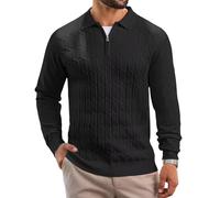 Remxi Jersey de punto con cremallera para hombre, camisa clásica con textura cálida, polo, cuello de polo para otoño e invierno, Negro , 3XL