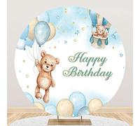 Renaiss 1.5m Tema del Oso Feliz cumpleaños Telón De Fondo Redondo Oso Globo Azul Poliéster Fondo de fotografía Niños Decoración de Mesa de Pastel de Fiesta de cumpleaños Accesorios para Fotos